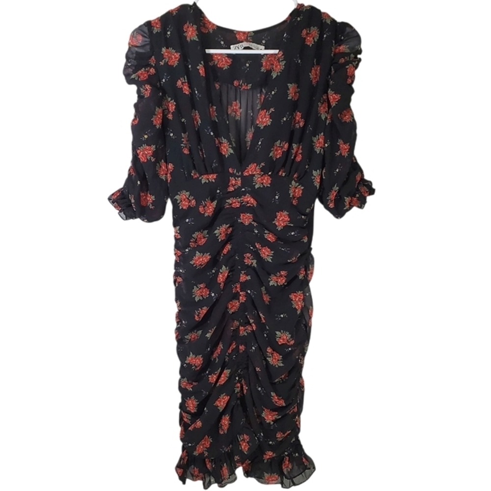 Zara Black Mini Dress with Red Floral Print